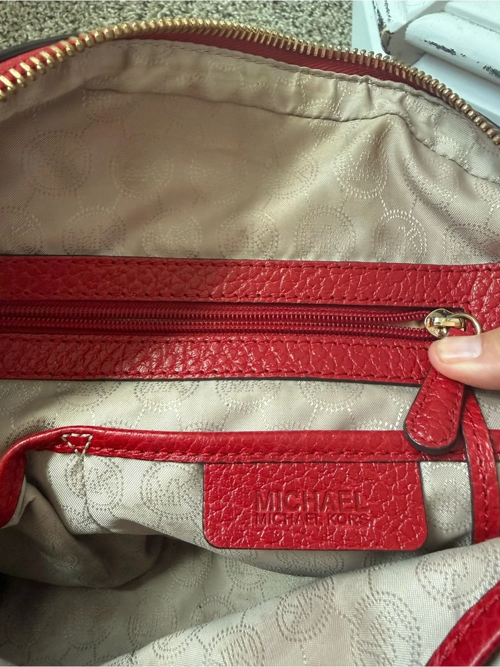 Michael Kors Red Pebbled Dome Satchel with Gold Logo Charm
